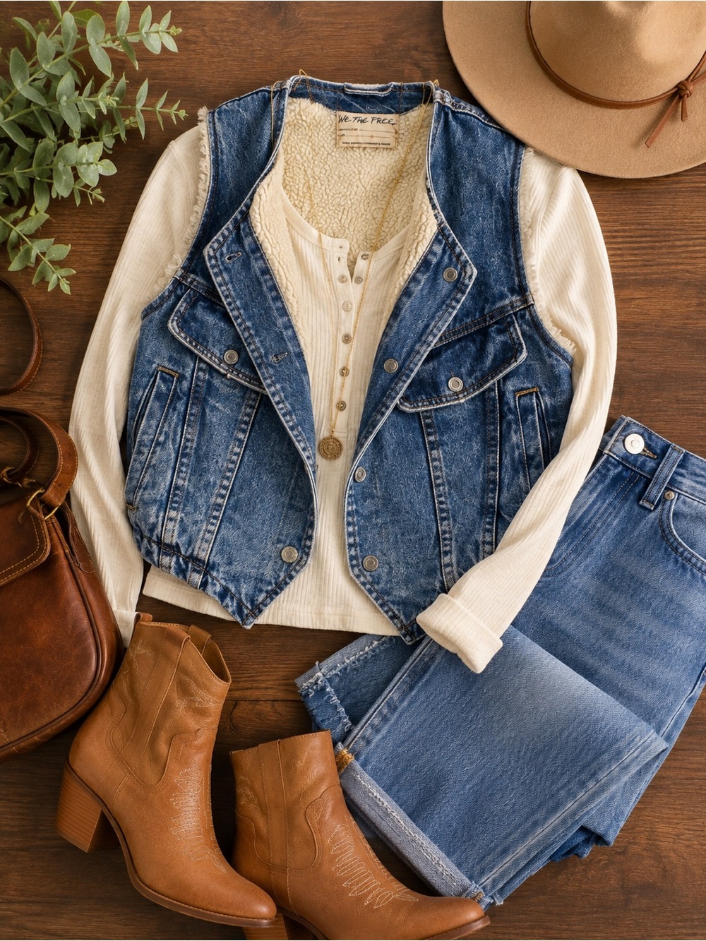Free People Blue Denim Sherpa-Trim Vest
